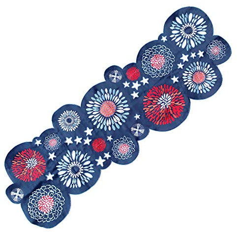 CAIT CHAPMAN HOME COLLECTION Spectacular Festive Flowering Fireworks Printed Easy-Care Fabric Table Linen (14x42 Cutwork Runner, Blue)