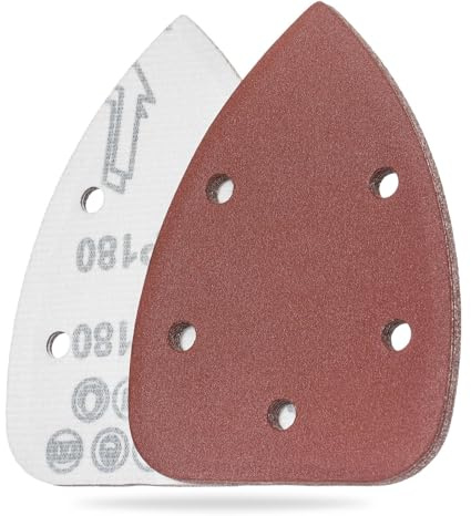 YoiYee 180 Grit Mouse Sander Sheets, 140 x 90mm Sanding Pads, 10 Pack | Aluminium oxide abrasive, 5 punched 8mm dust holes, nylon hook & loop backing, delta triangular shape, heavy E-paper