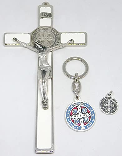 GTBITALY kit 002 croce di san benedetto economica 20 cm smaltata bianco + portachiave smaltato + medaglia argento con anello prete esorcista esorcismo