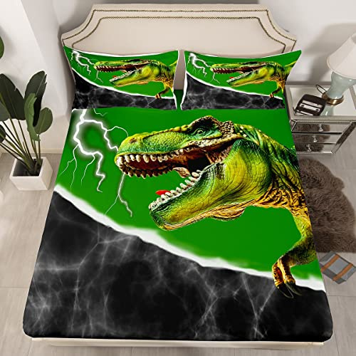 Loussiesd Juego de sábanas bajeras de dinosaurio 3D para niños y niñas, color gris y verde, juego de ropa de cama de animales de la selva, tamaño individual