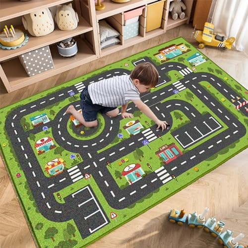 Road Rug for Kids, 2'7 x 3'11, Toy Car Play Rug Mat Carpet with Construction Town Style in Playroom Children Bedroom, Educational City Rugs for Boys Aged 3-12 Years Old