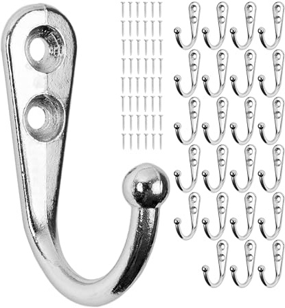 Krokar för skruvning, 24 st, i silver, yttermått 42 x 27 x 13 mm, enkelkrok inkl. träskruvar, klädkrokar för dörr, badrum, kök, hall, DIY metallkrokar, klädkrokar, hatthakar, väggskruvkrokar