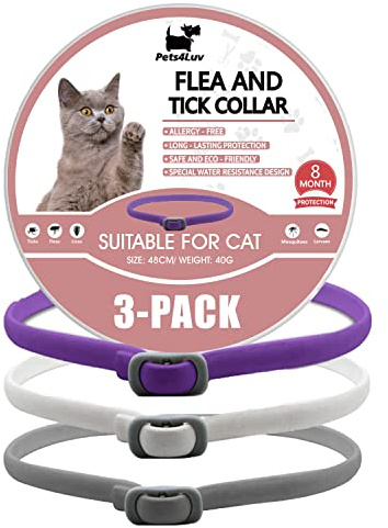 Pets4Luv Collare antipulci per tutti i gatti, antizecche Antiparassitario, protezione per 8 mesi, taglia unica, regolabile e impermeabile, 3 pezzi