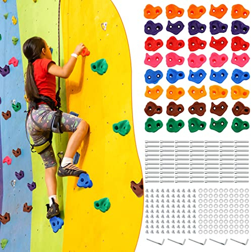 Meooeck 40 Pcs Rock Climbing Holds Set for Kids with Mounting Screws and 2 Wrenches, Mix Colored Climbing Rocks DIY Wall Grip Kits for Outdoor Indoor Playground Backyard Play Set