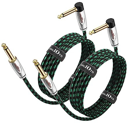 Augioth Guitar Cable 4.5 Meter 2 Pack, Electric Instrument Bass Cable AMP Cord 1/4 Straight to Angled Black and Green Braided