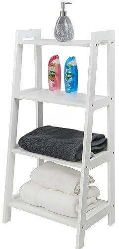 Simak Collection 4Tier Ladder Shelf Bookcase Rack Plant Display Stand 4 Tier MDF Wooden Shelves Display Stand Storage Shelving Unit For Plants Books Bathroom Living room (White)
