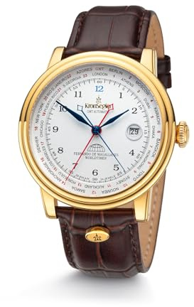 Kronsegler Fernando de Magallanes Herrenuhr Gold - weiß | Automatikuhr mit Flyer GMT - zweite Zeitzone | mit Saphirglas, Lederband und Faltschließe