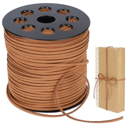 Kunstlederband Lederschnur Lederband Flache Lederschnüre 3mm x 90m | Faux Wildleder Schnur Wildlederband Basteln Lederschnüre Vintage Veloursleder Band für DIY Armband Halskette, Hellbraun