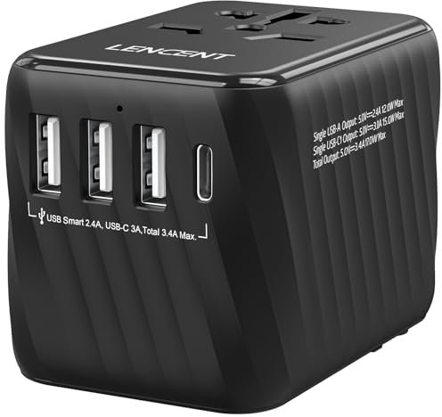 LENCENTE Adattatore Universale da Viaggio, Spina Internazionale con 3 USB A e 1 Type C, Caricatore USB Presa da Parete per Viaggio in Tutto il Mondo per UE a UK, AUS, AUS (Spina di Tipo C/G/A/I) -Nero