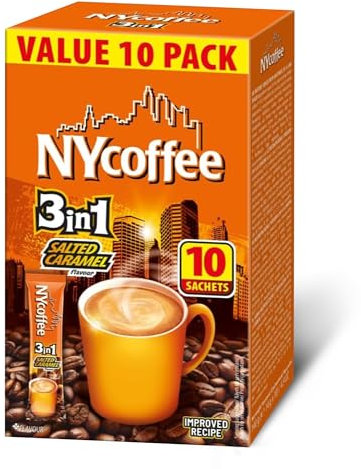 NY Coffee 3-in-1 Coffee Sachets, 10-Box Salted Caramel Classic Instant Sachets, Individually Wrapped 3-in-1, 100 Mokate