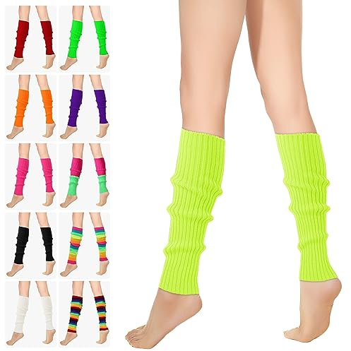 Buauty Scaldamuscoli da donna anni '80 e '90, calzini a costine fluo, accessori eleganti per abiti ispirati per yoga, corsa, escursionismo, Giallo, 50 cm