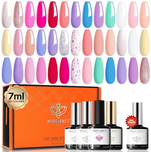 Modelones 24PCS UV Nagellack Set,Gel Nagellack Set 20 Farben Sommer Pastell mit Base Coat,Glänzend&Matt&Glitzer Top Coat Gel für Maniküre zu Hause, Ideal für Nagelstudio und Geschenk