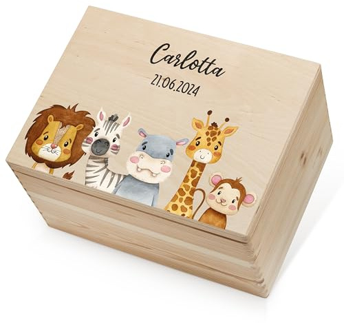 Lilletå ® Erinnerungsbox Tiere Safari (001.06.01) - Erinnerungskiste Baby mit Hochwertigem Farbdruck - Baby Kind Erinnerungsbox Holz - Geschenk Geburt Mädchen Junge