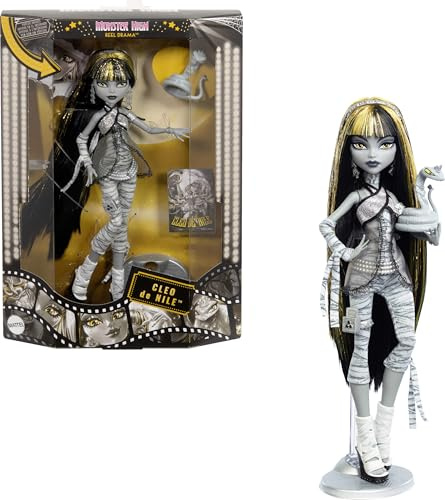 Monster High Reel Drama Doll, Cleo De Nile Black and White Reproduction Collectible with Doll-Size and Life-Size Posters, Horror Flick Theme, and Pet, JDR65