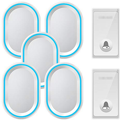 Sonnette sans fil, carillon de porte étanche IP44, 2 boutons poussoirs et 5 récepteurs enfichables avec lumière flash bleue, 4 niveaux de volume réglables, 58 mélodies, convient pour la maison,(2