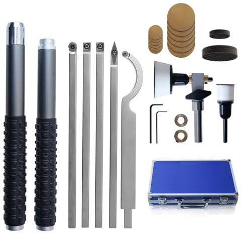 RUITOOL Carbide Wood Lathe Turning Tools Set with Bowl Sander, Including Swan Neck Hollower, Rougher, Finisher, Detailer, 1 & 2 Mandrels, Sandpapers and Aluminum Alloy Handles for Woodturning