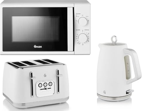 Swan Serenity White 1.7L 3KW Kettle, 4 Slice Toaster and 700W 20L Manual Microwave SM4420WHT. Contemporary Matching Kettle, Toaster and Microwave Set with a Sleek White Finish
