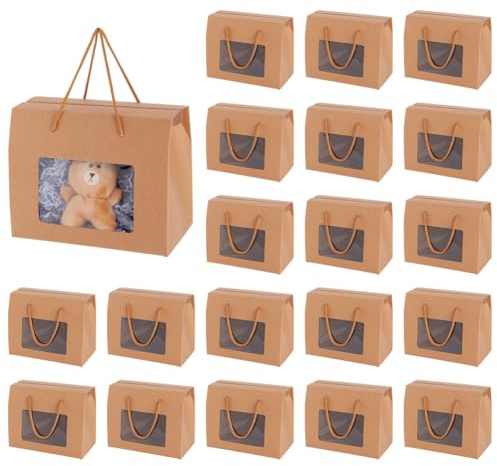 BENECREAT 20 Packungen Kraftpapierboxen mit Griffen, 20x16x11cm braune Geschenkboxen mit klarem Fenster für Verpackung, Einzelhandel, Party, Geschenke, Hochzeit, Geschäft