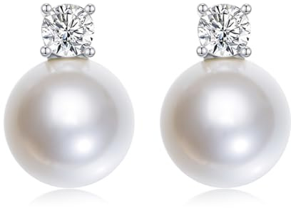 Mameloly Pearl Earrings for Women Dainty 925 Sterling Silver Cubic Zirconia CZ 10MM Simulated White Pearl Stud Drop Engagement Wedding Birdal Earrings Hypoallergenic