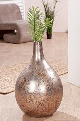 GILDE Vase Peso Glas grau antikfinish matt Blumenmotiv Höhe 56 cm Dekoration Wohnaccessoire Geschenkidee Inneneinrichtung