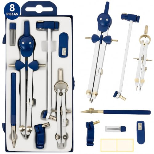 Compas Dibujo Tecnico Profesional - Compás Escolar de Precision con Rueda de Ajuste Bachillerato y Secundaria - Compasso Escolar Dibujo Tecnico de Metal - Compas Grande Dibujo Técnico y Plastica Azul