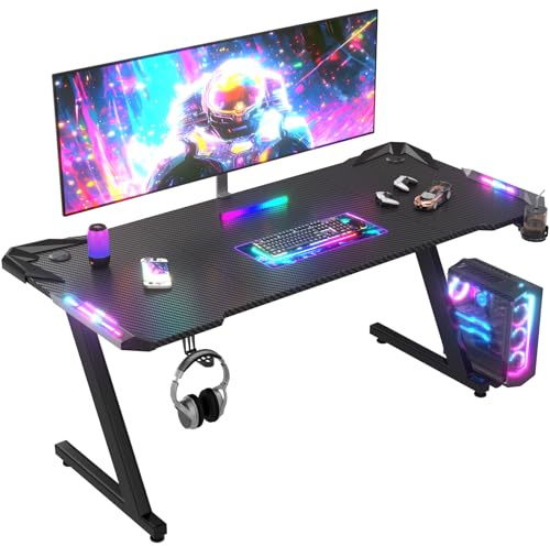 JUMMICO Bureau Gaming RGB 160x60cm, Carbone Anti-Rayures, LED, Noir