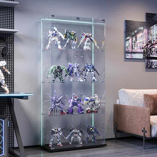 BPKADHY Vetrina in vetro con illuminazione a LED, 4 ripiani e 2 ante in vetro con serratura, armadietto per soggiorno, ufficio, oggetti da collezione, libri, vino, nero