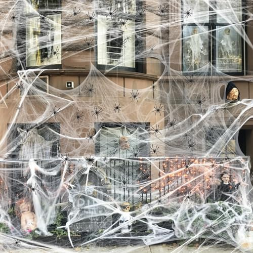 XJWZGM Halloween Deko Set, Halloween Spinnennetz Dekorationen, 200g Elastischer Spinnennetz 60 Realistisch Spinnen Hallowmas Deko, Perfekt für Innen/Außen, Garten, Kamin Häuser Spukhaus&Partyzubehör