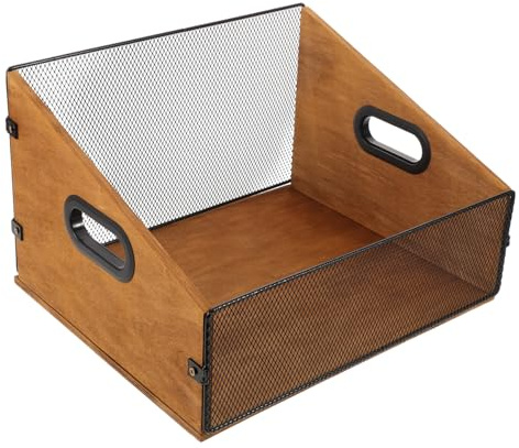 NIYANGLE Wooden Vinyl Record Storage Bin with Handles Solid Wood Record Crate for Albums Magazines and Photo Books Wire Mesh Holder for Easy Transport and Organized Collection Brown