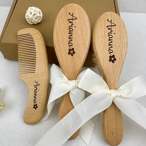 Personalisierte Babyhaarbürste Und Kamm Aus Holz, Personalisiertes Babypflege-Set Mit Gravur (Text/Name), Geschenk For Ersten Geburtstag For Mädchen(C)