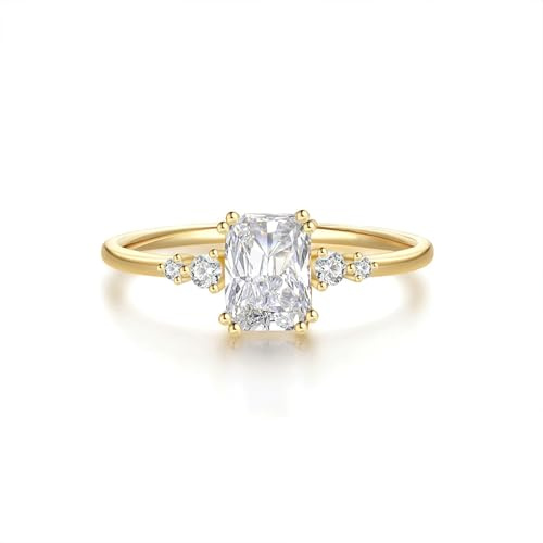 Lirzxin Verlobungsring Gold Damen 375 9K, Hochzeit Ring Damen Dünn Schlicht mit 8 Krappen Rechteckig Moissanit 1ct Eheringe Trauringe Partnerringe Gelbgold Gr. 54 (17.2)