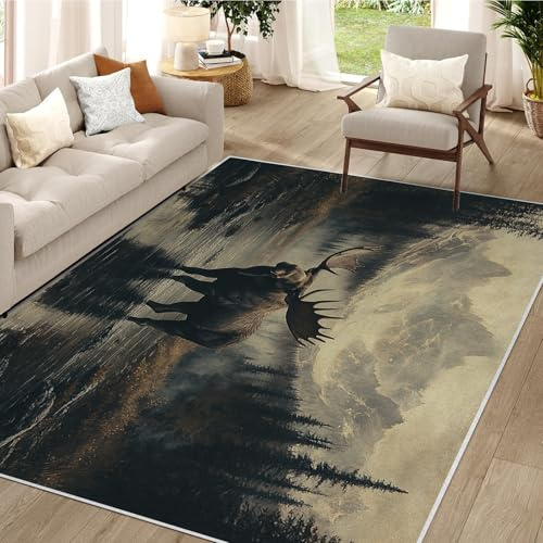 buyluhn Waschbarer Kurzflor-Teppich 120x170 - Elch Wald Tier Teppiche - Retro Wildnis Natur Dünn Saugfähig Carpet Für Wohnzimmer Schlafzimmer Jugendzimmer Oder Als Bettvorleger QY26