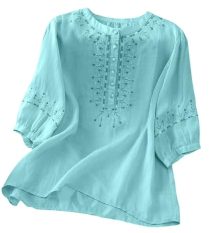 Angxiwan Linen Shirt Women Oversized Embroidery Linen Tunic Tops Retro Jacquard Short Sleeve Boho Blouse Casual Loose Fit Flowy Hem Tee Shirt Lightweight Beach Wear Blouse for Vacation Office