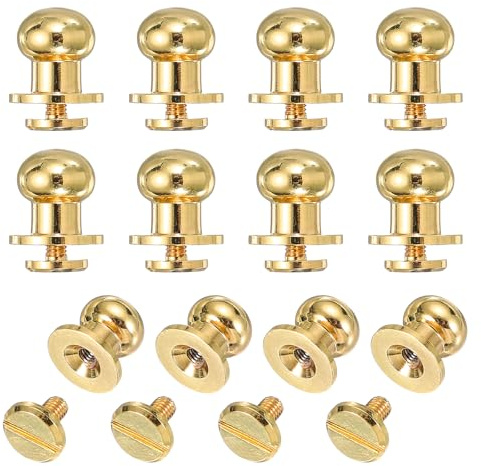 sourcing map 12set Round Head Button Stud Screw 8mm Brass Chicago Screws Button Stud Rivets for Leather DIY Craft Leather Belt Wallet Handbag Repairs Decoration, Gold