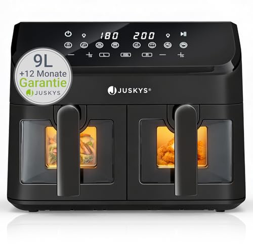 Juskys® Airfryer 9 L Doppelkammer - Heißluftfritteuse doppel, 2 Kammern, 9 Programme, beschichtet, XXL Fritteuse