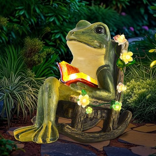 Gartendeko für Draußen Mikro Frosch Statuen - Solar Frösche Bücher Lesen Figuren mit Sukkulenten 7 LED Lichter, Wetterfest Gartenfiguren, Geschenk für Mama/Frauen, Deko für Home Balkon Rasen Terrasse