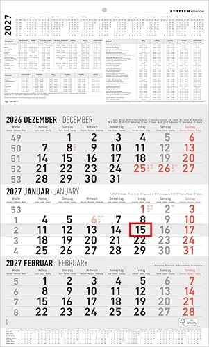 3-Monatskalender groß 2027: Wandkalender 30x49 cm mit 3 Monaten pro Blatt, Datumschieber, Wochenzählung, Feiertagen & Ferien ideal für Büro & Homeoffice