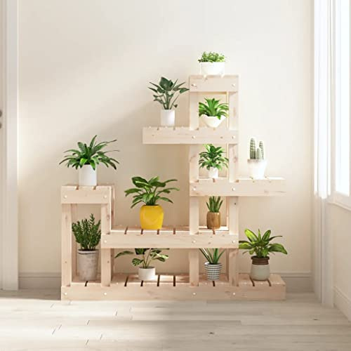 LoogCape Soporte para plantas de madera de pino maciza, 92 x 25 x 97 cm, con estantes para flores, hierbas, bonsái, orquídea, cactus, maceta, jardín, balcón, terraza, decoración interior y exterior