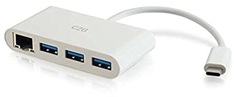 C2G USB-C® to Ethernet Adapter (RJ45) with 3 x USB A 3.0 Ports - USB C Hub - White