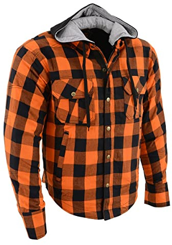 Milwaukee Leather MPM1642 Men's Orange and Black Armored Long Sleeve Hooded Flannel Shirt w/Reinforced Fiber (Large)