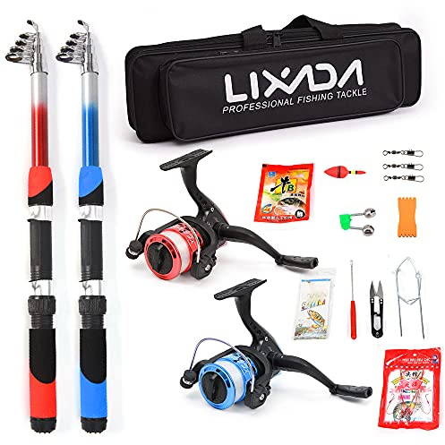 Lixada Kit Completo de Carrete de Caña de Pescar con 2 Cañas de Pescar Telescópicas de 2,1 m, 2 Carretes Giratorios, Señuelos de Pesca, Anzuelos, Accesorios, Bolsa de Pesca multicolor