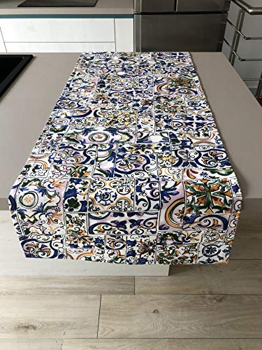 1KDreams Antimacchia tovaglia da tavola. Impermeabile. Maiolica e mattonelle multicolore. Made in Italy. (50x140 cm)