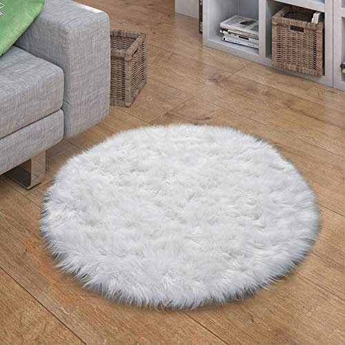Paco Home Kunstfell Fellteppich Imitat Sitzkissen Herfzorm Rund Verschiedene Formen, Weiß, Grösse:Ø 120 cm Rund