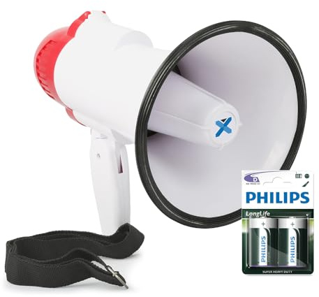 VONYX MEG020 20W Portable Megaphone Loud Hailer with Siren, Voice Record Function and Batteries – Bullhorn Speaker for Protests, Sports, Events and Emergency Addressing, Carry Strap Included