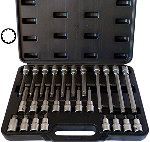 Innen-Vielzahn Steckschlüssel-Set (XZN) M5-M16 26-tlg. - S2-Stahl Bitsatz mit +15 % Festigkeit - 55-200 mm Länge - 1/2 Antrieb - für Industrie & Werkstatt - PeTools