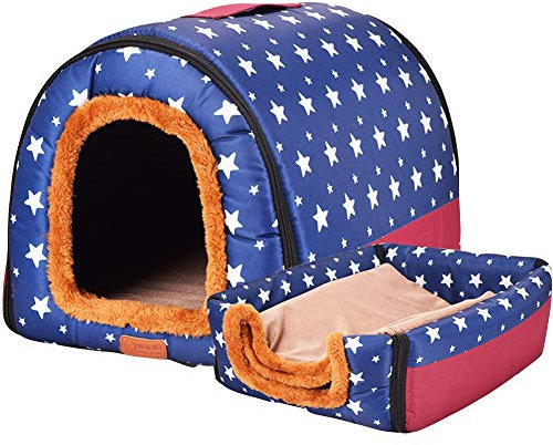 HONGBI Tragbar Faltbare Hundebett Katzenbett Hundehöhle Hundehütte, 2 in 1 Haustier Haus und Sofa für Katze, Kätzchen, Hündchen nd Kaninchen mit Abnehmbar Matte Blau mit weißem Stern M