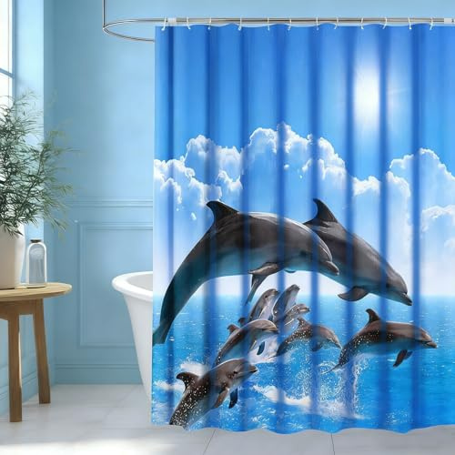wiipara Duschvorhang 180x200cm, Wasserabweisende Duschvorhänge Blau Delphin Shower Curtains Bad Vorhang, Waschbar Badzimmer Badewanne Vorhang Duschvorhang Anti Schimmel mit 12 Duschvorhangringe