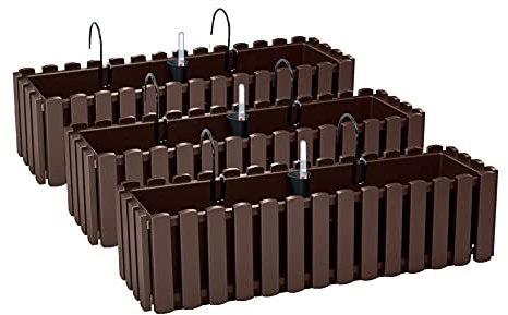 PAFEN 3X Blumenkasten Blumentopf mit Halterungen – 58 x 18 x 16,2 cm - Pflanztopf Bewässerungssystem Balkonkasten Pflanzkästen, Braun