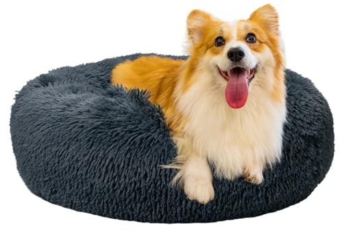 Cama para Perros 50CM Cama para Mascotas, Redonda Cama Gatos Pequeño con Parte Inferior Antideslizante Adecuado Cálido Felpa Cojin Interior Invierno para Gatos y Perros Pequeños (M-Gris Oscuro)