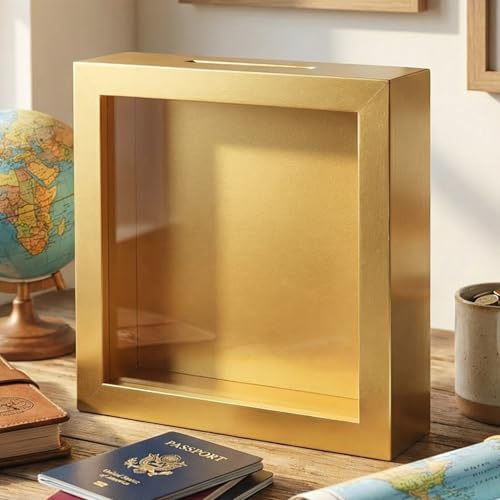 MIJOMA Spardose aus Holz mit Glasfront – dekorativer Sparrahmen für Geldgeschenke zu Hochzeit, Geburtstag, Reise & mehr – kreative Geldbox (Blanko - Gold, 15 x 15 x 5 cm)